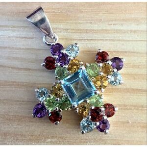 GSJ Sterling Silver 925 Multi Color Stone Cross Pendant